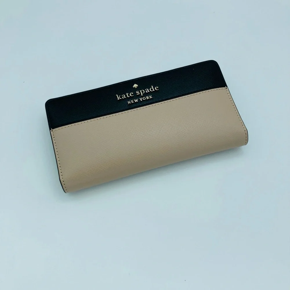 NWT KATE SPADE LARGE STACI SLIM BLACK & BIEGE BIFOLD WALLET